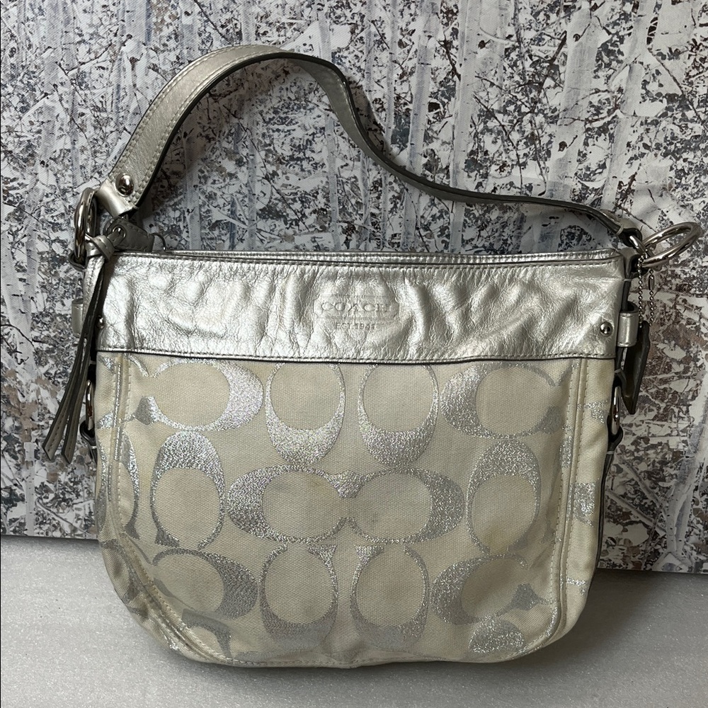 Coach Zoe Hobo Shoulder Bag Silver & Cream Handbag F15648